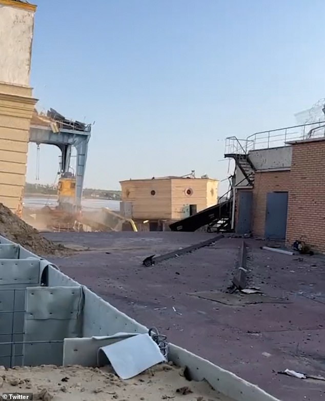 This still image taken from a video shows the aftermath of explosions at the hydroelectric power plant at Nova Kakhovka