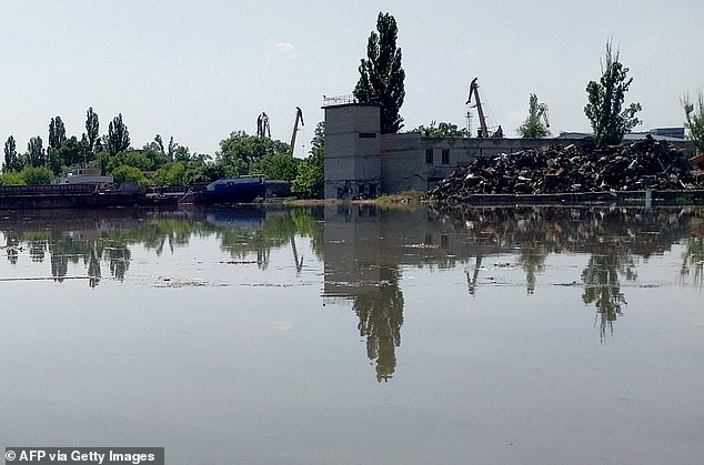 This general view shows a partially flooded area of Kherson on June 6, 2023, following damage at Kakhovka hydroelectric dam