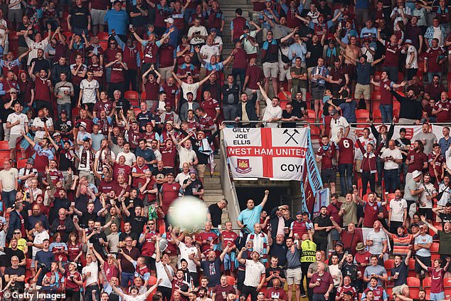 Fans chant their support for the Hammers from inside the Czech stadium