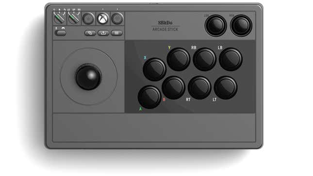 An overhead shot of the black version of the 8BitDo Wireless Arcade Stick for Xbox.