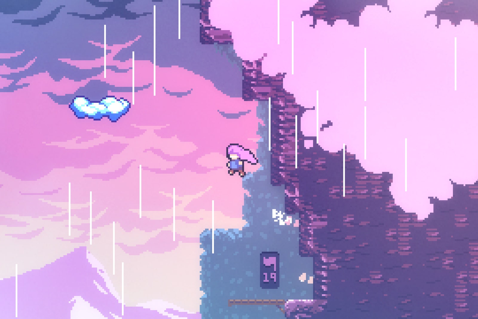 screenshot of Celeste game featuring pixelated skyline and character jumping