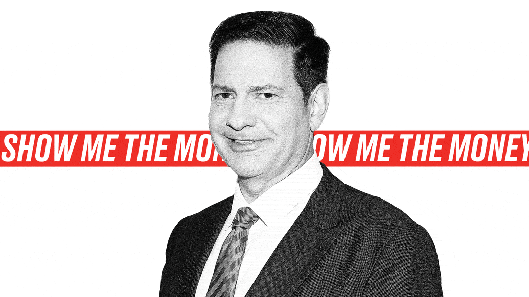 A picture of Mark Halperin over ticker-tape text that says ‘Show Me the Money’.