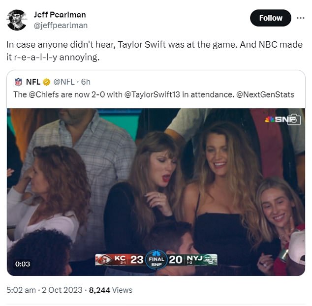 NFL fans have slammed Swift's football 'take-over', with some saying that the constant cutaways to the singer during the coverage is 'destroying football'