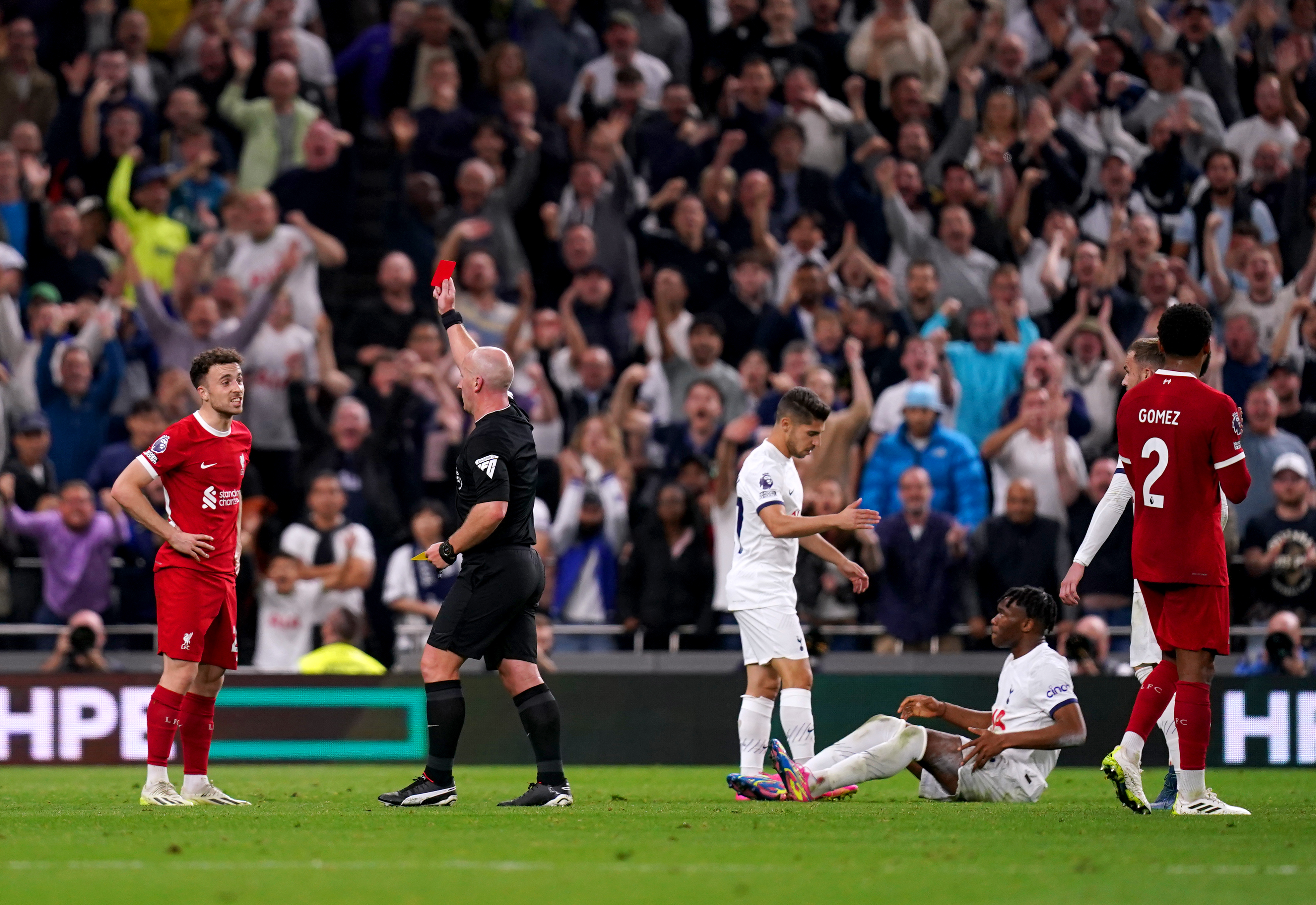 Destiny Udogie was fouled twice within 90 seconds by Diogo Jota - with the Liverpool man booked for both and, therefore, sent off