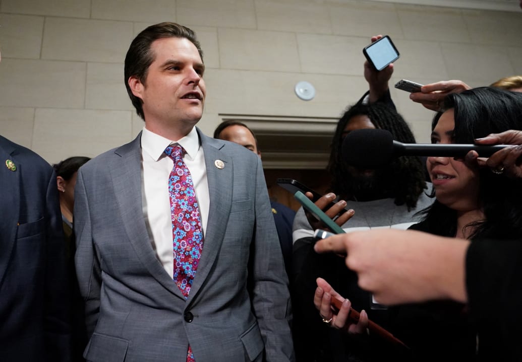 Rep. Matt Gaetz (R-FL) speaks to reporters after House Majority Leader Steve Scalise (R-LA) won a majority of votes in the House Republican caucus to be their nominee for next Speaker of the House