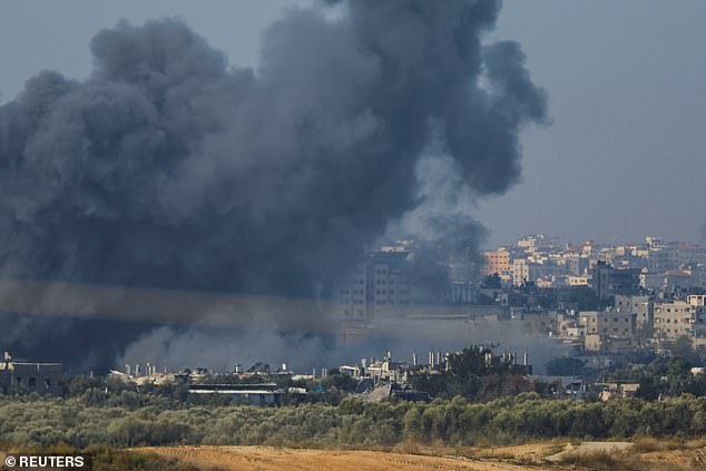Smoke rises after Israeli air strikes in Gaza, as seen from southern Israel, amid the ongoing conflict