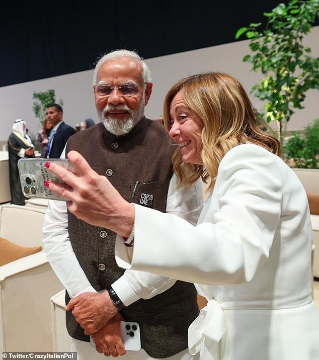 Giorgia Meloni was pictured taking a selfie with Italian Prime Minister Narenda Modi at COP28