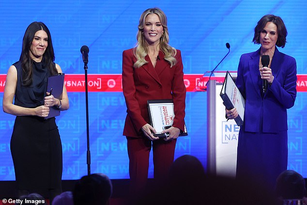 Moderators are former Fox News anchor and current SiriusXM host Megyn Kelly (center), NewsNation's Elizabeth Vargas (right) and Washington Free Beacon Editor-in-Chief Eliana Johnson (left)