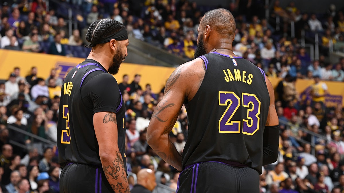 LeBron James and Anthony Davis look on during a Lakers game