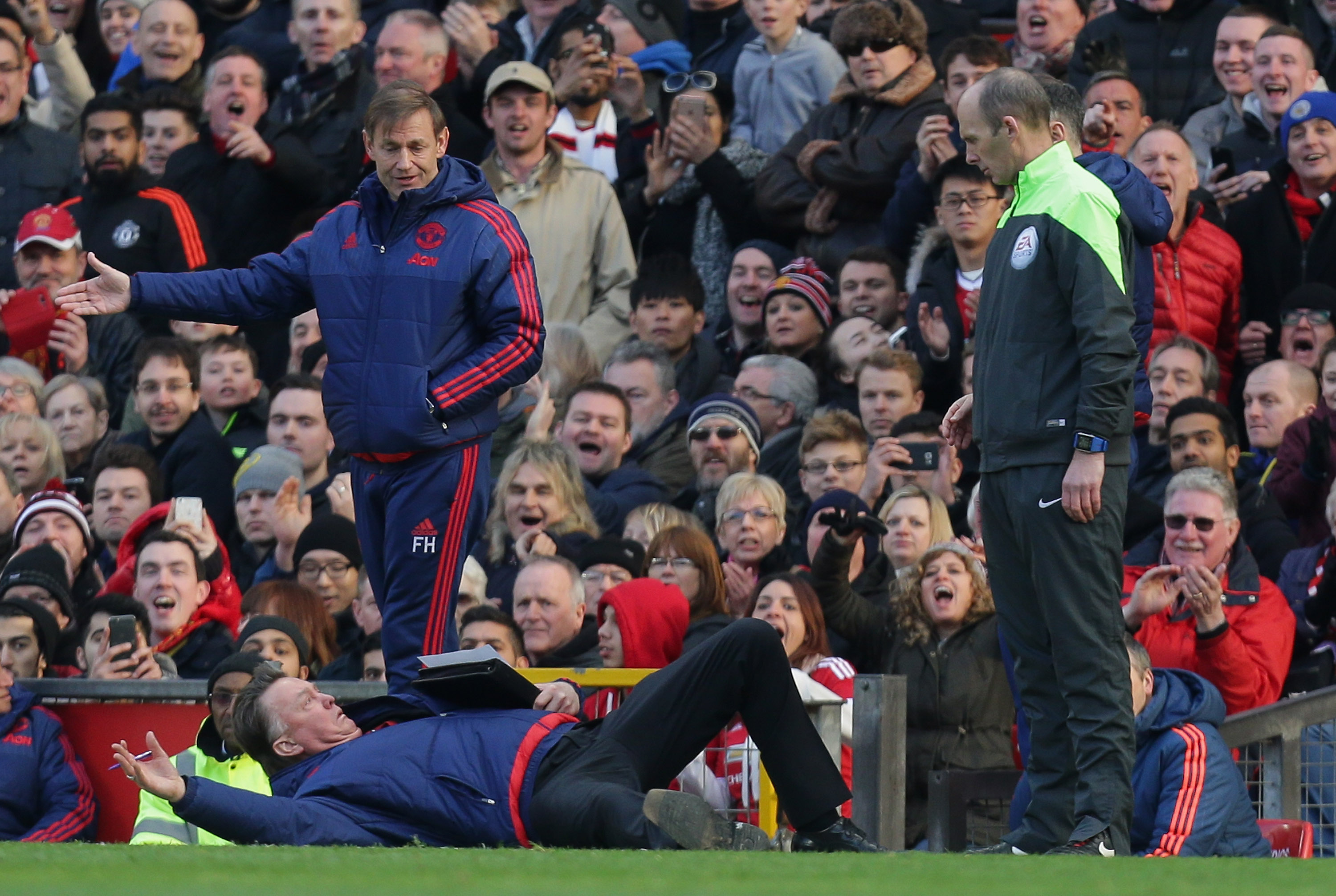 Van Gaal infamously laid down in front of Mike Dean against Arsenal